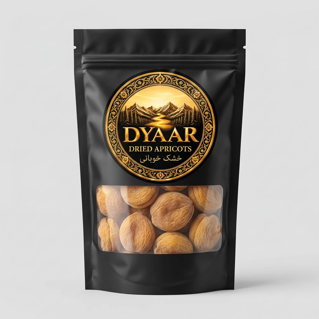 Dyaar dried apricots in a black branded pack with a clear window