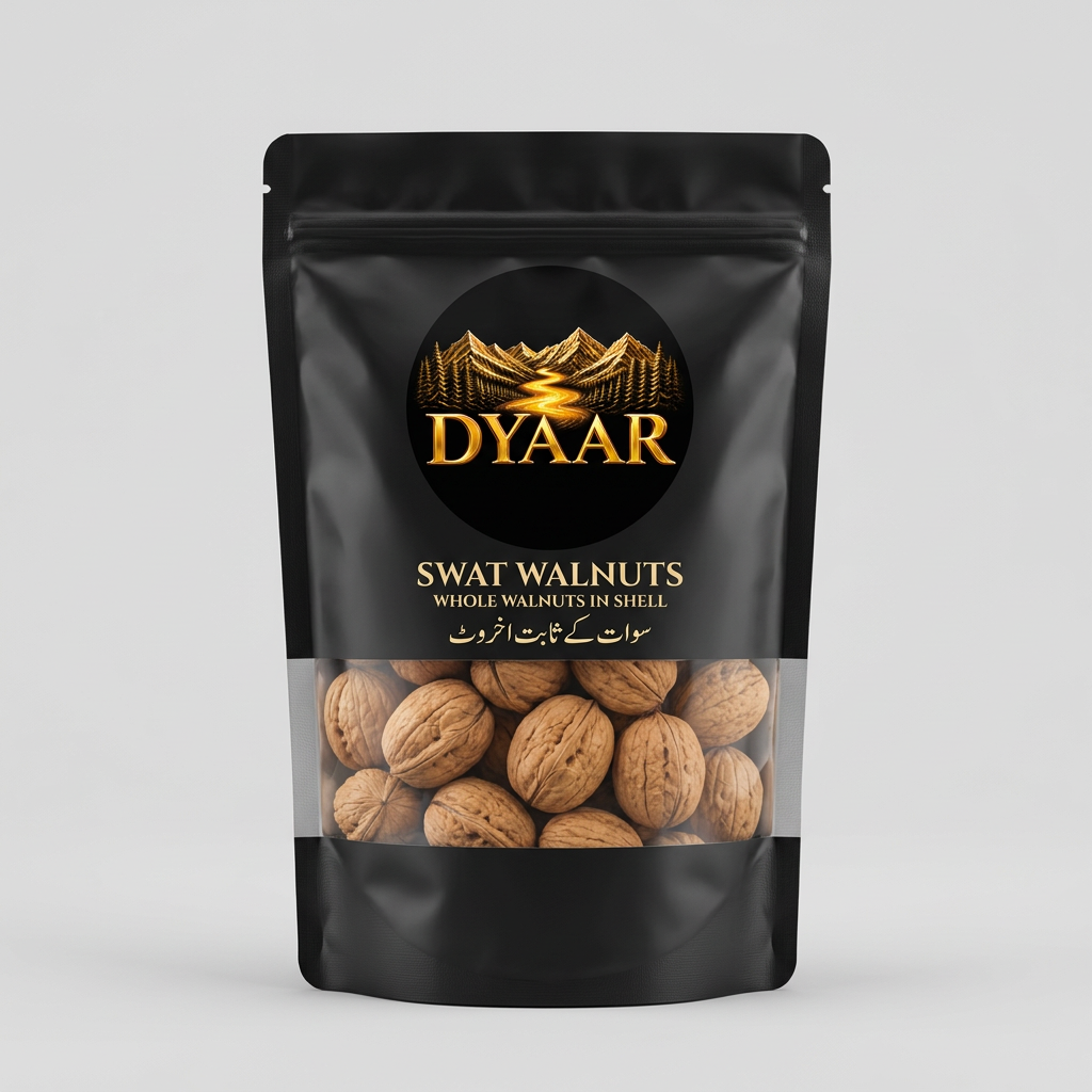 Dyaar whole Swat walnuts in a black pack with a clear window