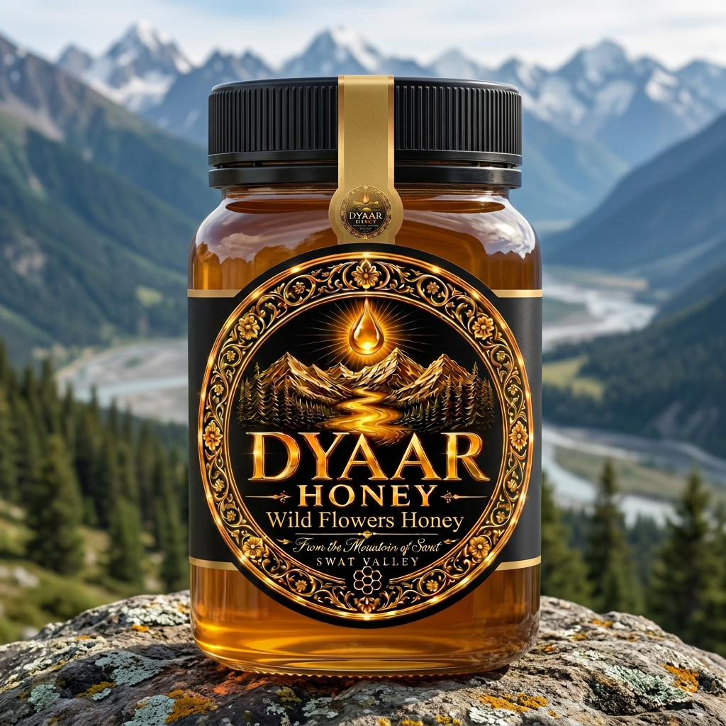 Dyaar Wild Flowers Honey on a rock with Swat Valley mountains in the background