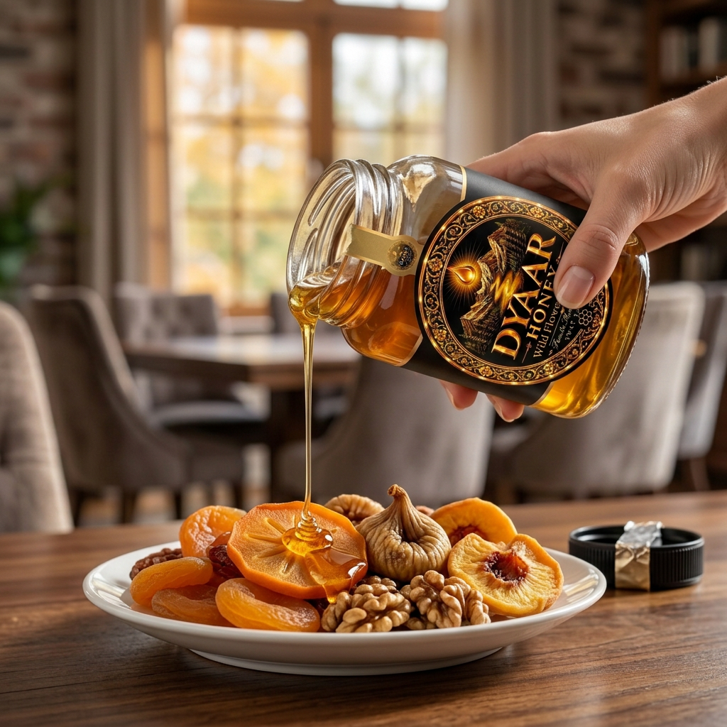 Dyaar Wild Flowers Honey poured over a plate of mixed dried fruit