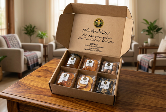 Dyaar winter gift box on a wooden table in a welcoming hall