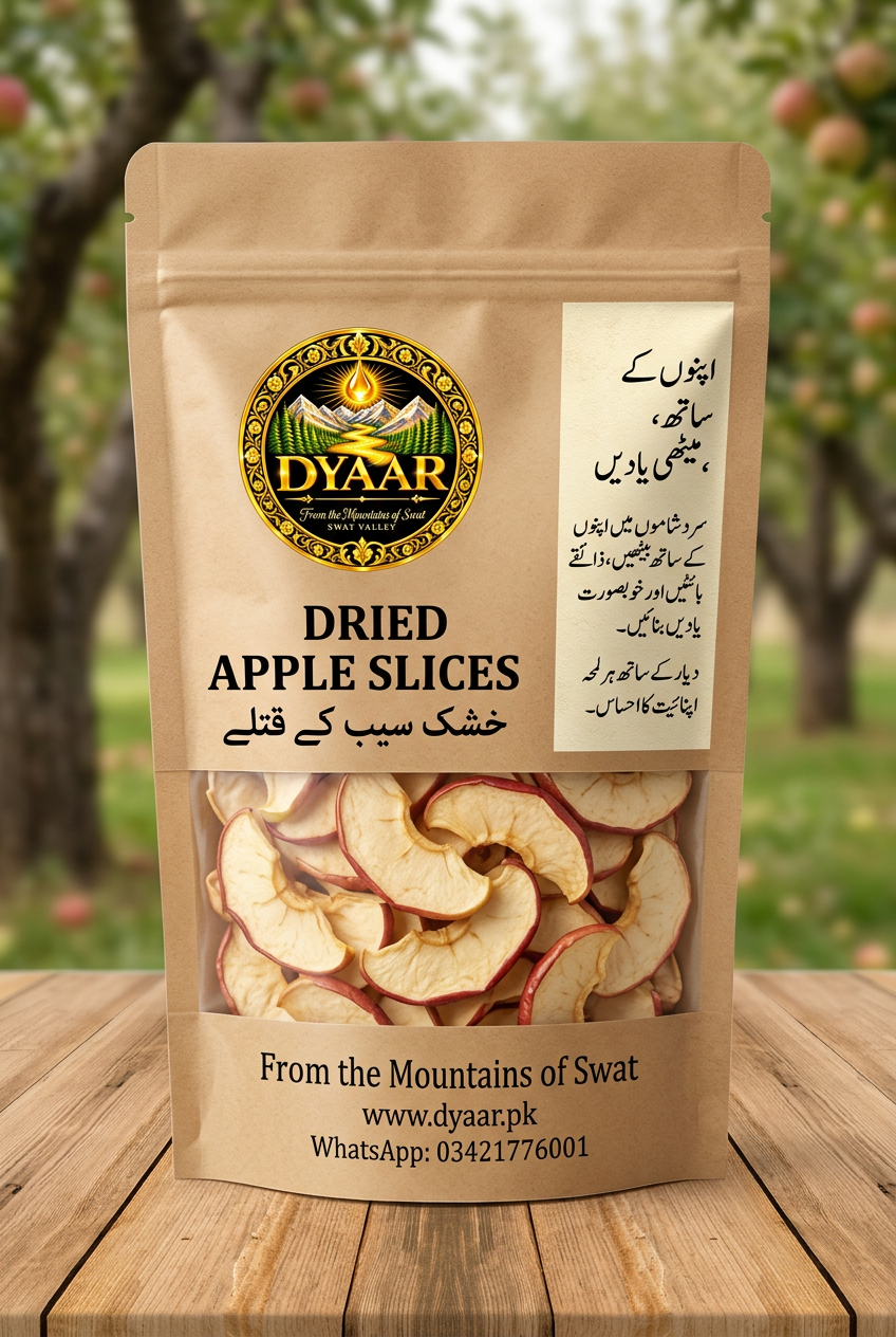 Dyaar dried apple slices in a kraft pouch with Urdu storytelling and branding