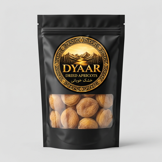 Dyaar dried apricots in a black branded pack with a clear window