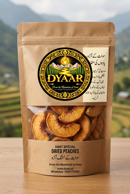 Dyaar dried peach pack using your uploaded logo with HONEY removed