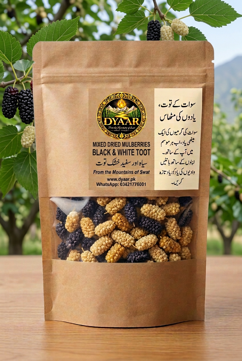 Dyaar mixed dried toot pack with mulberry trees in the background