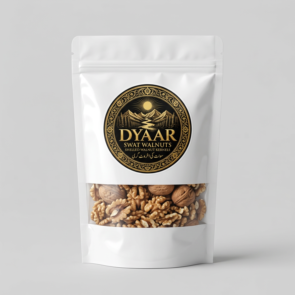 Dyaar shelled Swat walnuts in a simple white pack with logo and product details