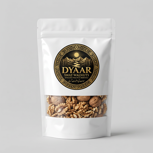 Dyaar shelled Swat walnuts in a simple white pack with logo and product details