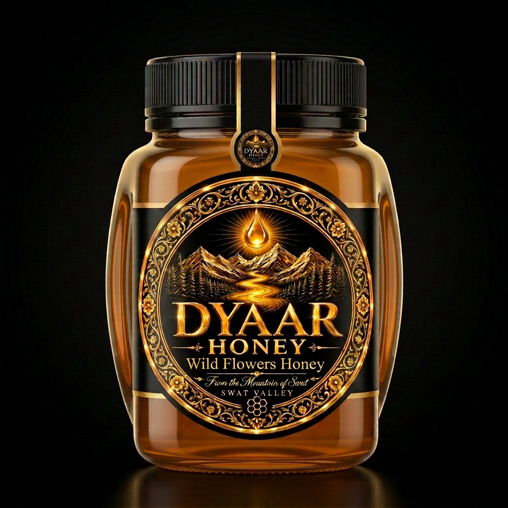 Dyaar Wild Flowers Honey bottle on a plain black background